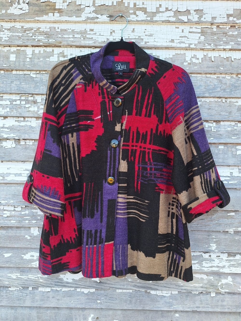Luii Multicolor Abstract Brushstroke Sweater Jacket - Red, Purple, Tan, Black